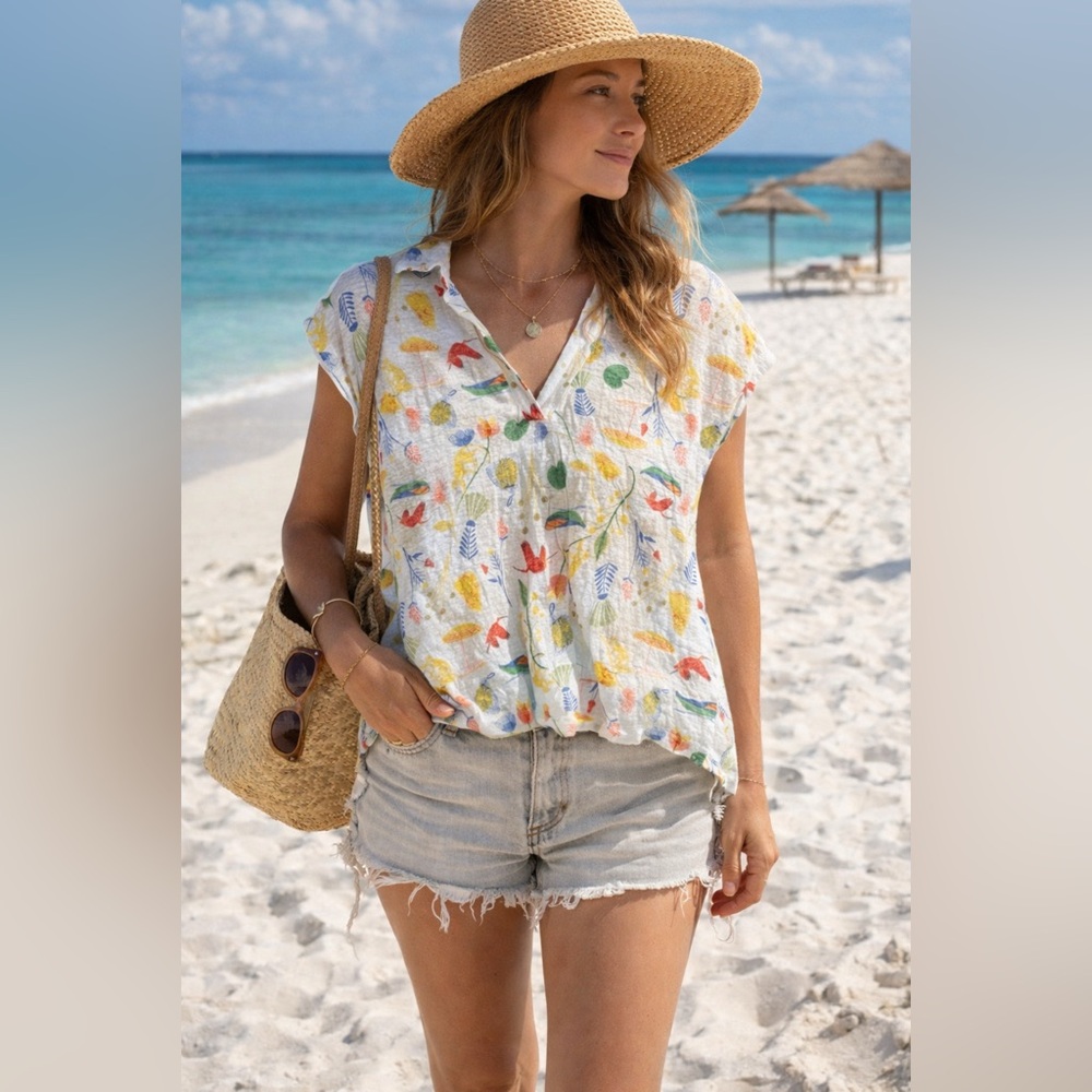 Joie 100% Linen Botanical Print Blouse Medium Resort Coastal